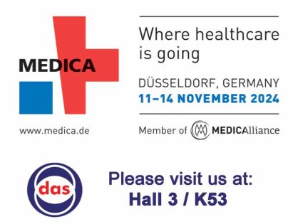 <h5>DAS exhibits at MEDICA 2024</h5>  <p>Das exhibits at <a class="event_href" target="_blank" href="https://www.medica-tradefair.com" rel="noopener">MEDICA</a>   from 11th to 14th November 2023, Hall 3 stand K53, where the first instrument of the new stand alone line will be displayed. You are welcome to our booth to be acquainted about the recent innovations.</p>